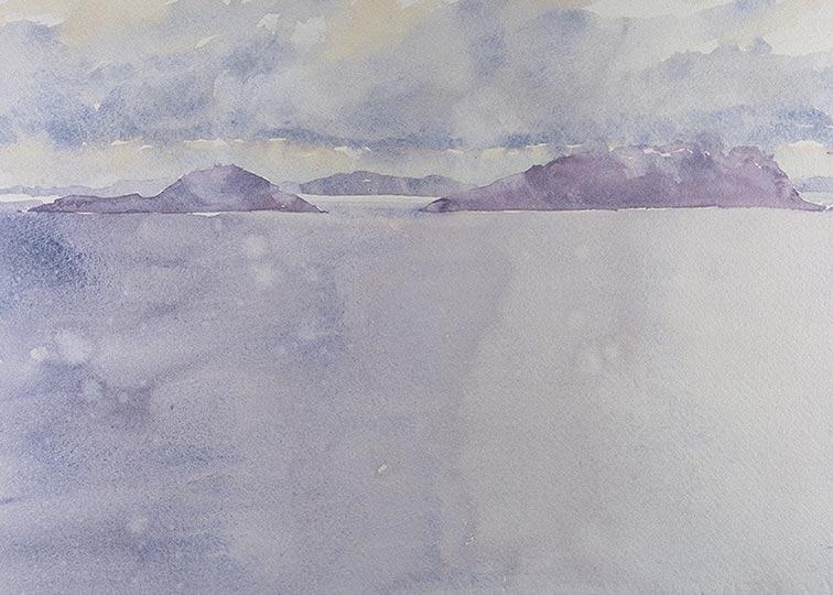 Robert Spellman watercolor of Scariff and Deenish islands from Cill Rialaig, County Kerry, Ireland